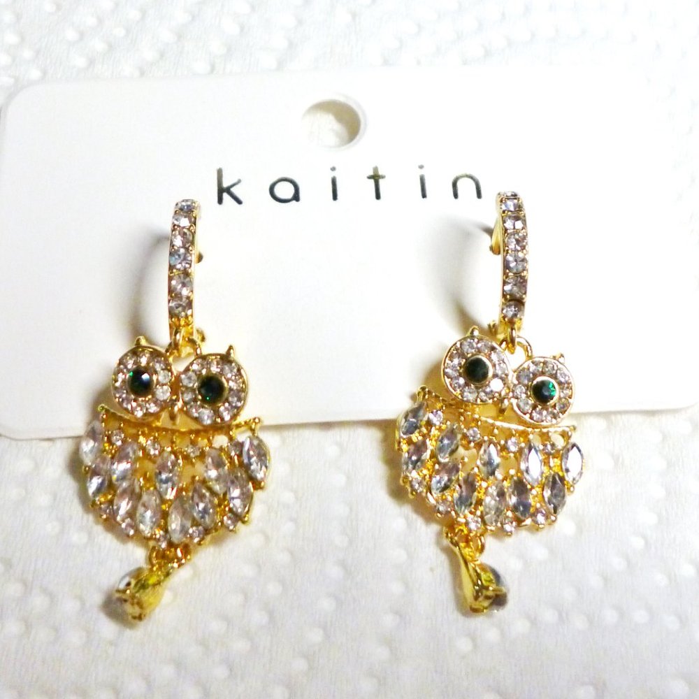Owl Earrings Green Eyes Rhinestones 925 Silver Gold Vermeil Pierced NWT - Picture 3 of 4